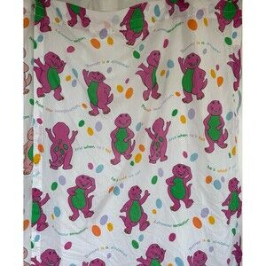(2) VTG 90s Barney Curtains Bed Sheet Purple Dinosaur Lyric Lyons Group Fabric